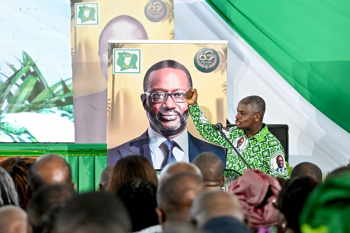 Calice Yapo Yapo, secrétaire exécutif du PDCI, lors des célébrations du 80e anniversaire du parti à Abidjan le 9 avril 2026. © Issouf SANOGO/AFP