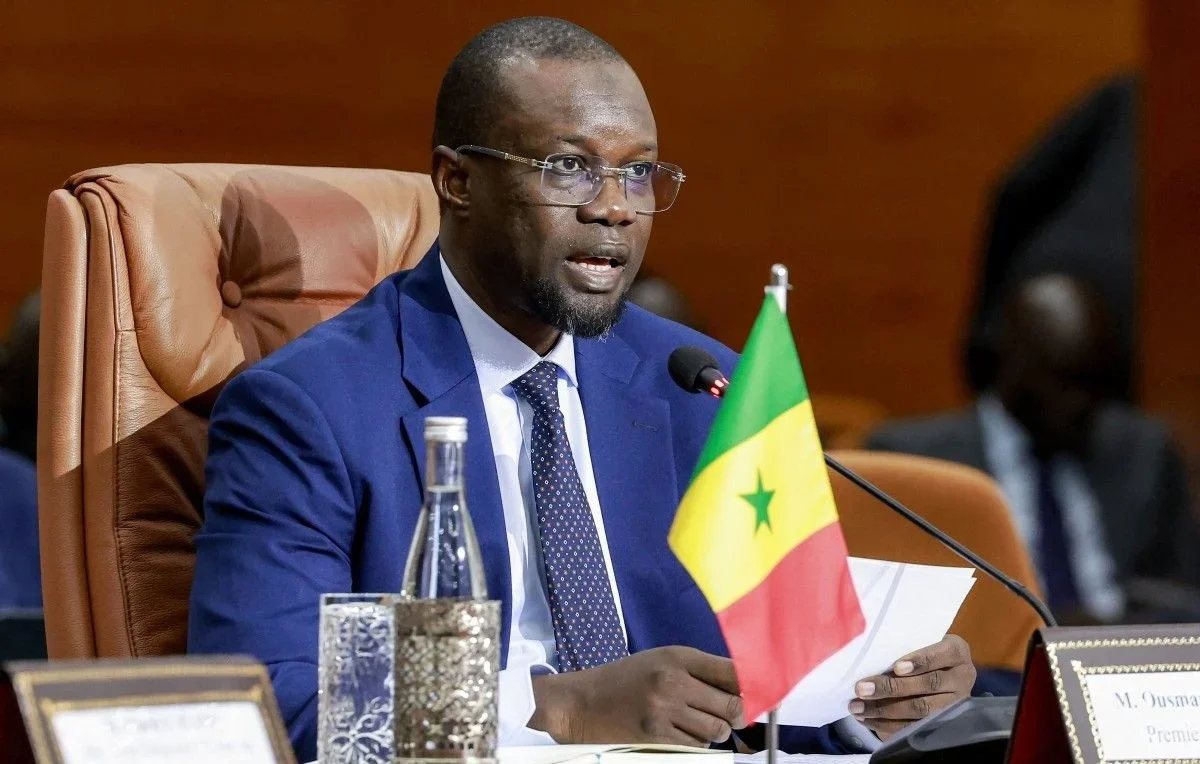 Portrait d'Ousmane Sonko lors d'un discours