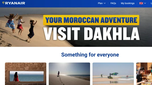 Capture d'écran d'un e-mail publicitaire de Ryanair mettant en avant des vols vers le Sahara occidental, présenté comme une destination marocaine