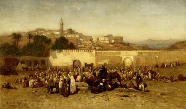 Scène d'un marché à Tanger au XIXe siècle, illustrant les échanges commerciaux historiques entre le Maroc et les États-Unis